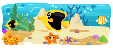 Çizgi film okyanus ve deniz kızı su altı Krallık çocuklar için çizim balıklarla - Yüzme