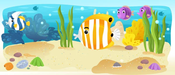 漫画海と水中の王国 魚と泳ぐ子供たちのイラストでは人魚 — ストック写真