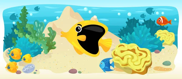 Cartoon Ocean Och Sjöjungfrun Undervatten Kungarike Simma Med Fiskar Illustration — Stockfoto