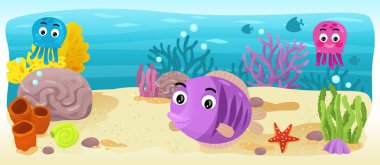 Çizgi film okyanus ve deniz kızı su altı Krallık çocuklar için çizim balıklarla - Yüzme