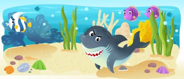 Çizgi film okyanus ve deniz kızı su altı Krallık çocuklar için çizim balıklarla - Yüzme