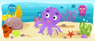 Çizgi film okyanus ve deniz kızı su altı Krallık çocuklar için çizim balıklarla - Yüzme