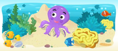 Çizgi film okyanus ve deniz kızı su altı Krallık çocuklar için çizim balıklarla - Yüzme