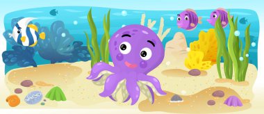 Çizgi film okyanus ve deniz kızı su altı Krallık çocuklar için çizim balıklarla - Yüzme