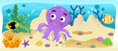 Çizgi film okyanus ve deniz kızı su altı Krallık çocuklar için çizim balıklarla - Yüzme