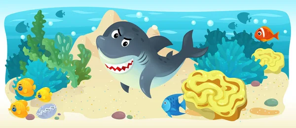 Cartoon Ocean Och Sjöjungfrun Undervatten Kungarike Simma Med Fiskar Illustration — Stockfoto