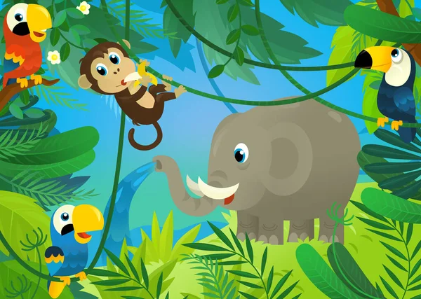 Cartoon Scene Jungle Animals Being Together Illustration Children — Fotografia de Stock