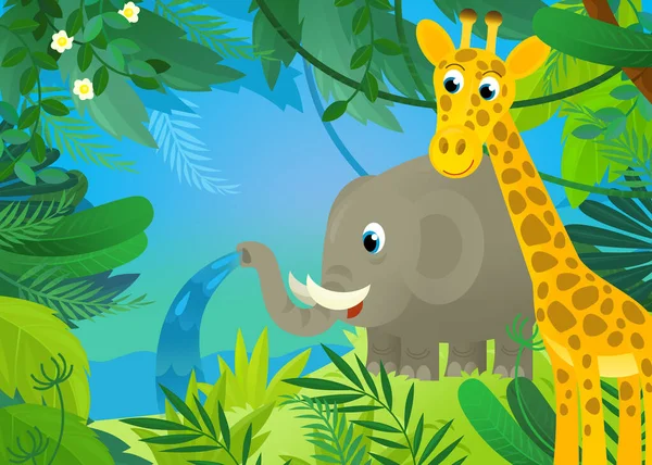 Cartoon Scene Jungle Animals Being Together Illustration Children — 스톡 사진