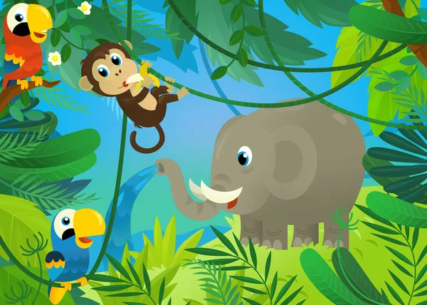 Cartoon Scene Jungle Animals Being Together Illustration Children — стоковое фото