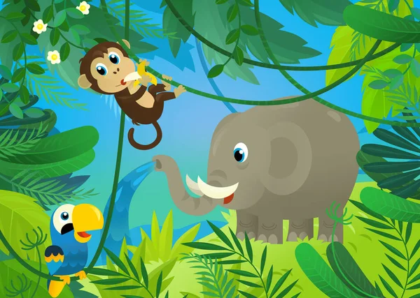 Cartoon Scene Jungle Animals Being Together Illustration Children — Stock Photo, Image