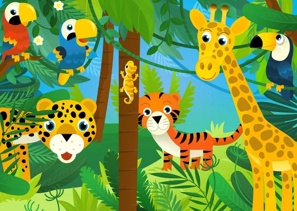 Cartoon Scene Jungle Animals Being Together Illustration Children — Photo