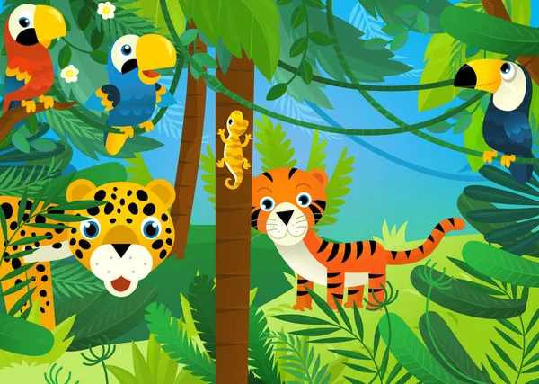 Kreslená Scéna Džungle Zvířata Jsou Spolu Ilustrace Pro Děti — Stock fotografie