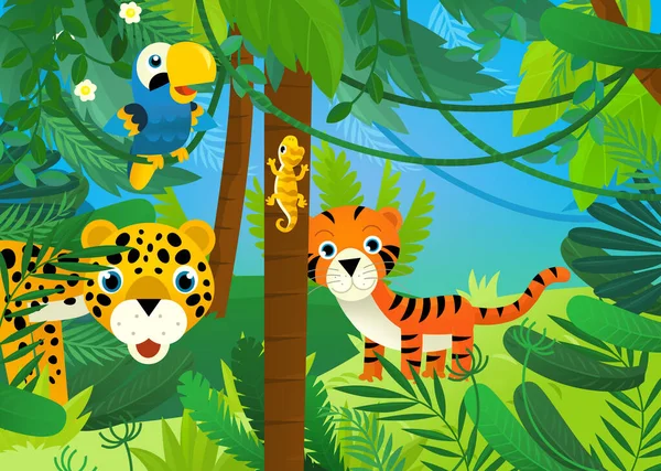 Cartoon Scene Jungle Animals Being Together Illustration Children — ストック写真