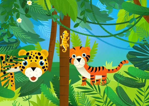 Escena Dibujos Animados Con Animales Selva Estar Juntos Ilustración Para — Foto de Stock