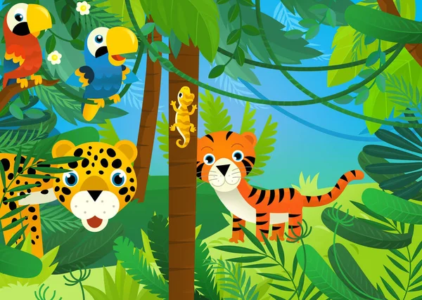 Cartoon Scene Jungle Animals Being Together Illustration Children — 스톡 사진