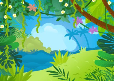 Orman hayvanlarının bir arada olduğu çizgi film sahnesi çocuklar için illüstrasyon