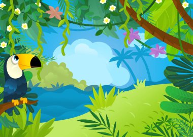 Orman hayvanlarının bir arada olduğu çizgi film sahnesi çocuklar için illüstrasyon