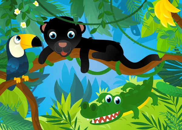 Cartoon Scene Jungle Animals Being Together Illustration Children —  Fotos de Stock