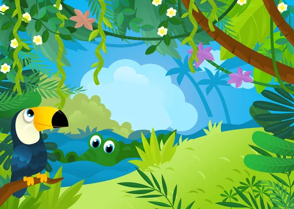 Cartoon Scene Jungle Animals Being Together Illustration Children —  Fotos de Stock