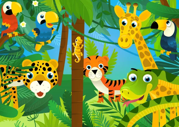Cartoon Scene Jungle Animals Being Together Illustration Children — ストック写真