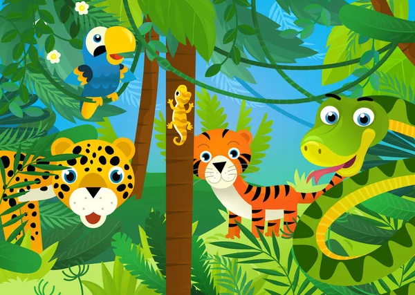 Cartoon Scene Jungle Animals Being Together Illustration Children —  Fotos de Stock