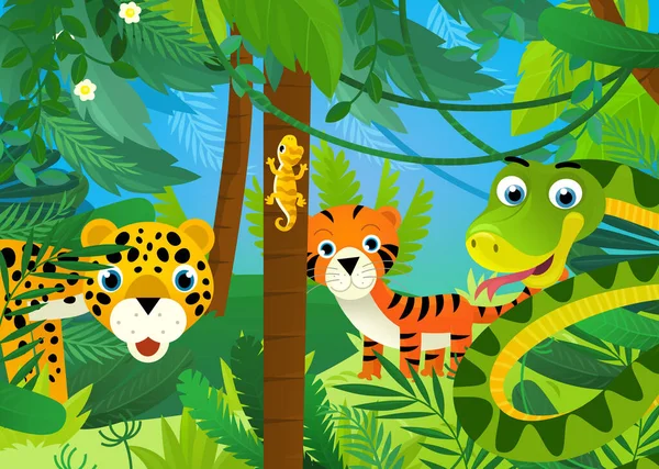 Cartoon Scene Jungle Animals Being Together Illustration Children — Stok fotoğraf