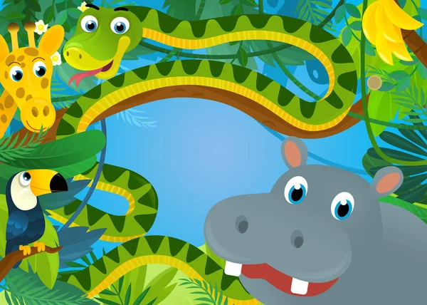 Cartoon Scene Jungle Animals Being Together Illustration Children — ストック写真