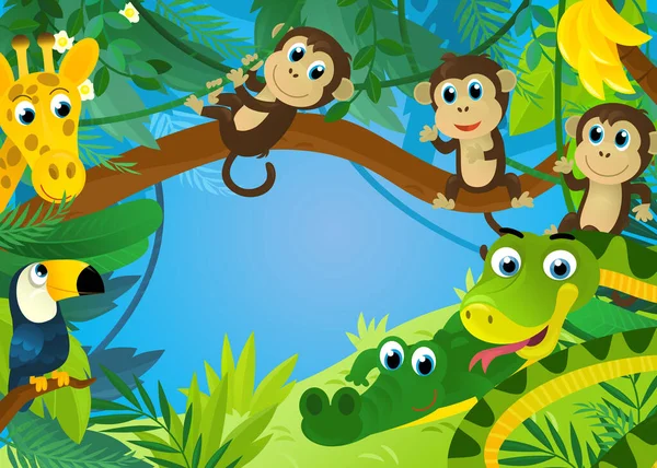Cartoon Scene Jungle Animals Being Together Illustration Children — Foto Stock