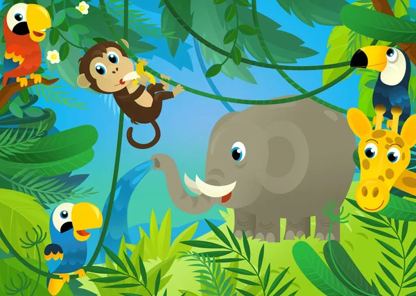 Cartoon Scene Jungle Animals Being Together Illustration Children — Stock Photo, Image