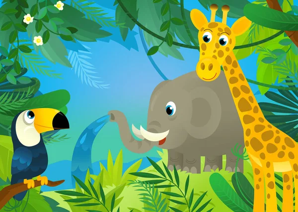 Cartoon Scene Jungle Animals Being Together Illustration Children — 스톡 사진