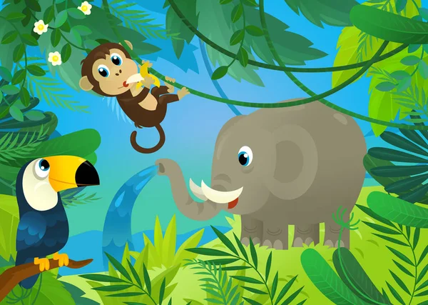 Cartoon Scene Jungle Animals Being Together Illustration Children — Foto de Stock