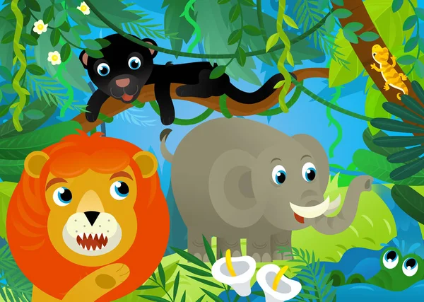 cartoon scene with jungle animals being together illustration for children