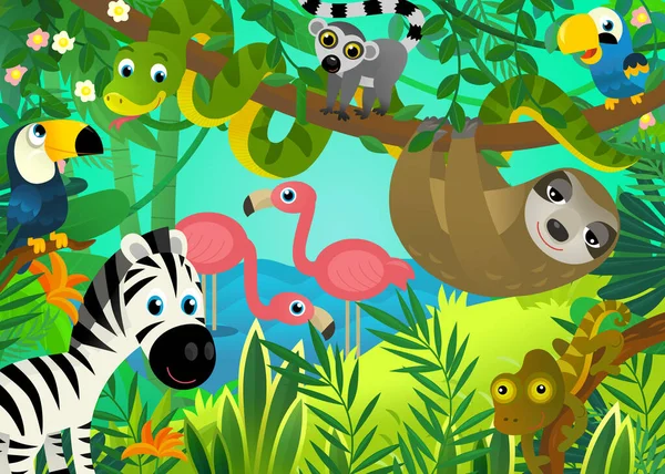 Σκηνή Κινουμένων Σχεδίων Ζώα Ζούγκλα Είναι Μαζί Εικονογράφηση Για Παιδιά — Φωτογραφία Αρχείου