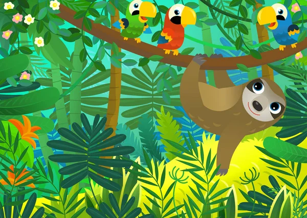 Cena Dos Desenhos Animados Com Animais Selva Sendo Juntos Ilustração — Fotografia de Stock