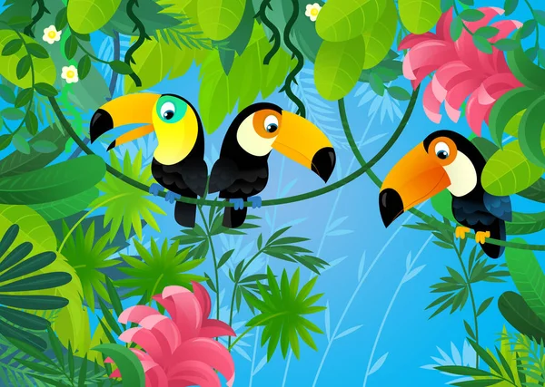 Orman hayvanlarının bir arada olduğu çizgi film sahnesi çocuklar için illüstrasyon