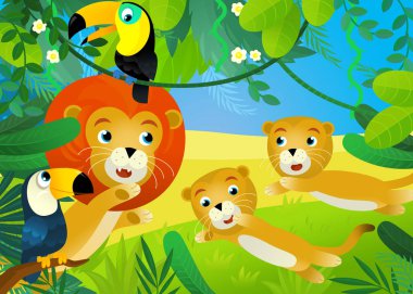 Orman hayvanlarının bir arada olduğu çizgi film sahnesi çocuklar için illüstrasyon