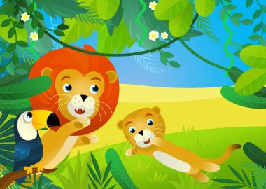 Orman hayvanlarının bir arada olduğu çizgi film sahnesi çocuklar için illüstrasyon