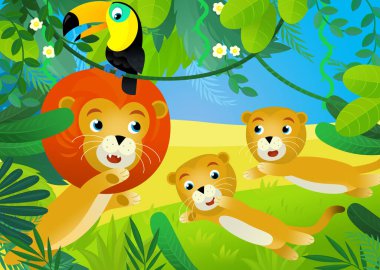 Orman hayvanlarının bir arada olduğu çizgi film sahnesi çocuklar için illüstrasyon