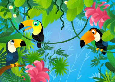 Orman hayvanlarının bir arada olduğu çizgi film sahnesi çocuklar için illüstrasyon