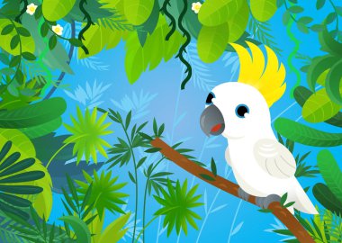 Orman hayvanlarının bir arada olduğu çizgi film sahnesi çocuklar için illüstrasyon