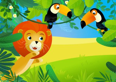 Orman hayvanlarının bir arada olduğu çizgi film sahnesi çocuklar için illüstrasyon