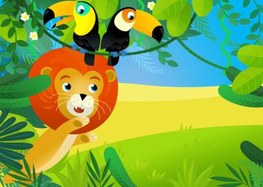 Orman hayvanlarının bir arada olduğu çizgi film sahnesi çocuklar için illüstrasyon