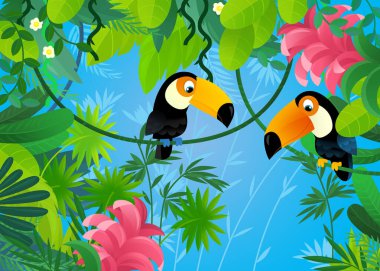 Orman hayvanlarının bir arada olduğu çizgi film sahnesi çocuklar için illüstrasyon