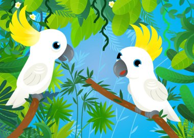 Orman hayvanlarının bir arada olduğu çizgi film sahnesi çocuklar için illüstrasyon