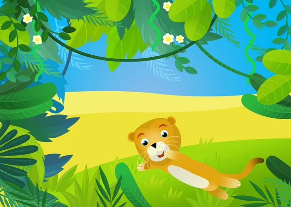Rajzfilm Jelenet Dzsungel Állatok Együtt Illusztráció Gyerekeknek — Stock Fotó