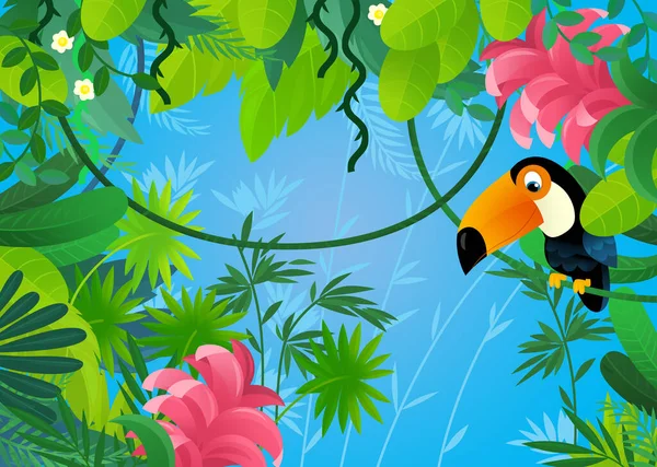 Orman hayvanlarının bir arada olduğu çizgi film sahnesi çocuklar için illüstrasyon