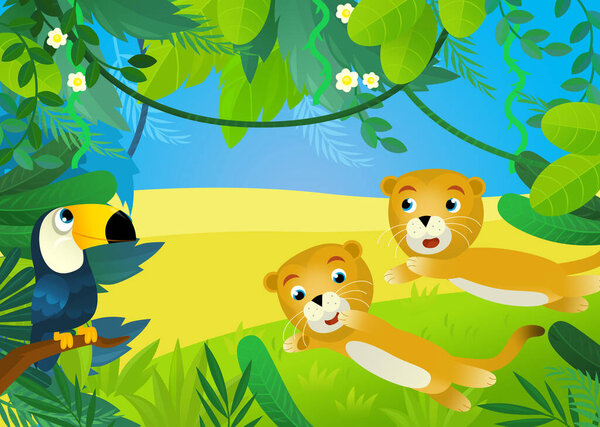 Cartoon Scene Jungle Animals Being Together Illustration Children Stock Photo