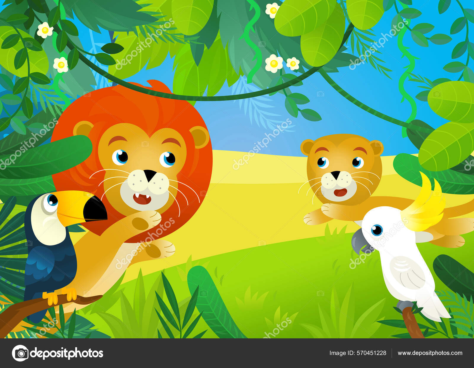 Escena Dibujos Animados Con Animales Selva Estar Juntos Ilustración Para  Ilustración de stock #570451228 de ©illustrator_hft, image size:1600x1241