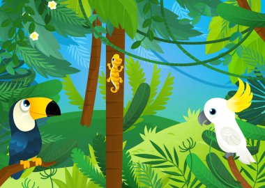 Orman hayvanlarının bir arada olduğu çizgi film sahnesi çocuklar için illüstrasyon