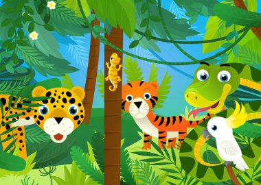 Orman hayvanlarının bir arada olduğu çizgi film sahnesi çocuklar için illüstrasyon